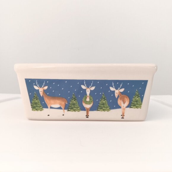 Nantucket Mini Bread Loaf Pan Ceramic Baking Christmas Reindeer White Blue Gifts - Picture 8 of 12